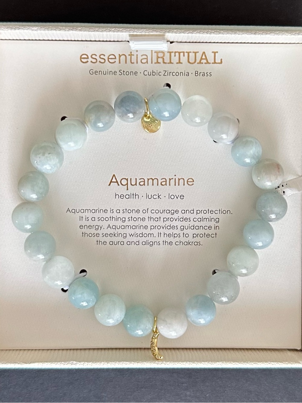 Aquamarine Beaded Bracelet in Light Blue with Gold Charm